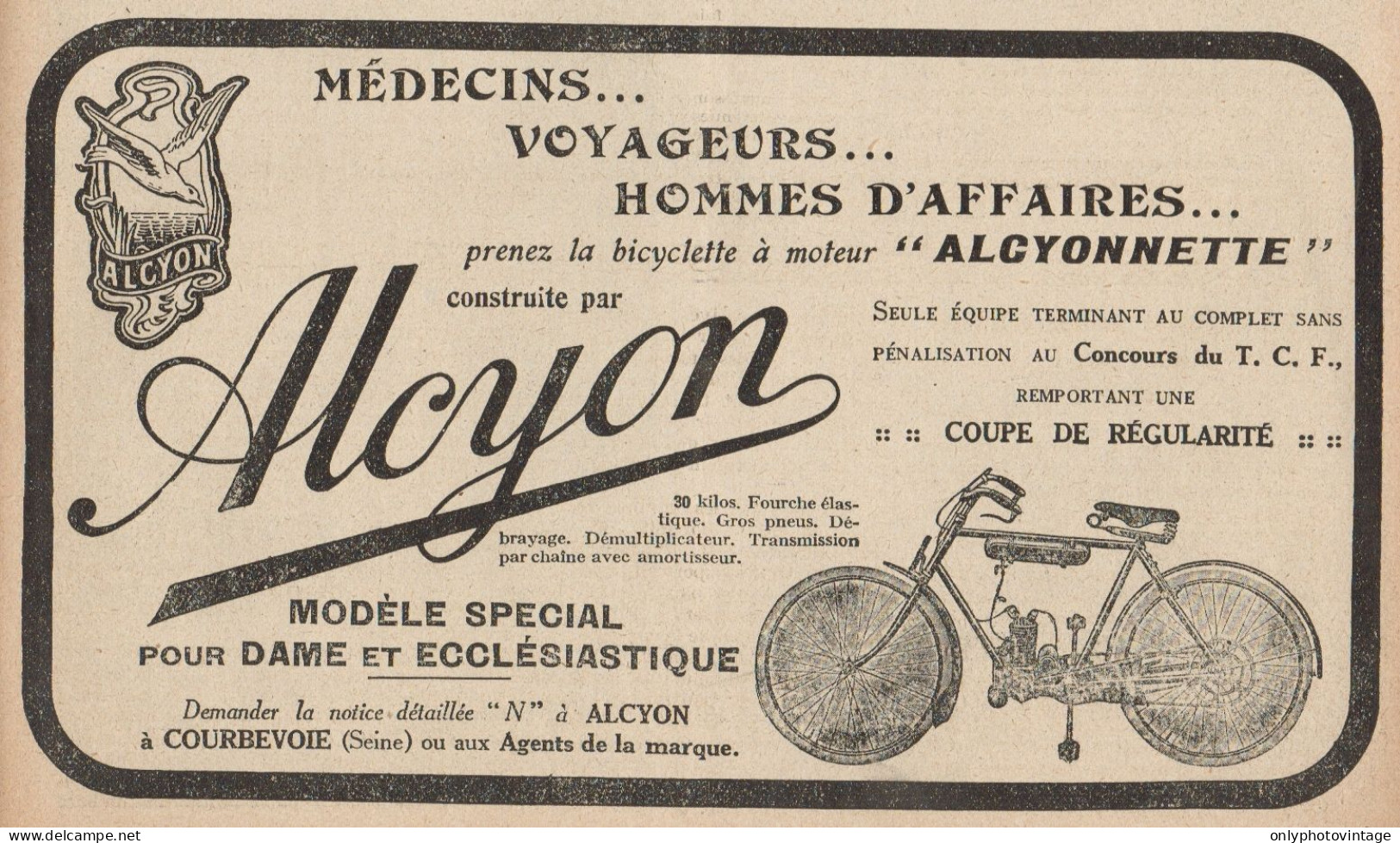 Bicyclette à Moteur ALCYONNETTE - Pubblicità D'epoca - 1922 Old Advert - Publicidad