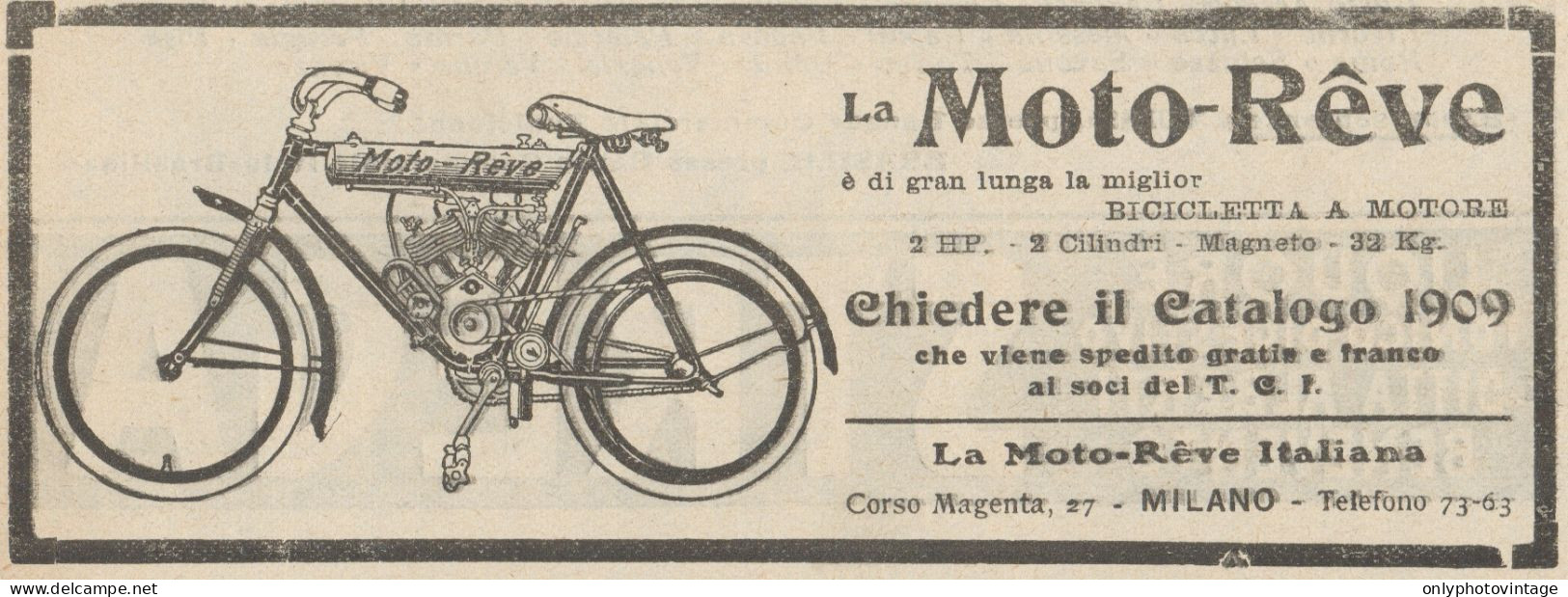 Bicicletta A Motore MOTO-REVE 2 HP - Pubblicità D'epoca - 1909 Old Advert - Pubblicitari