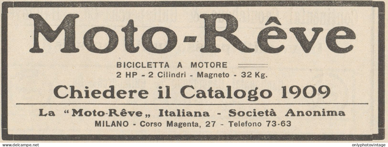 Bicicletta A Motore MOTO-REVE 2 HP - Pubblicità D'epoca - 1909 Old Advert - Pubblicitari