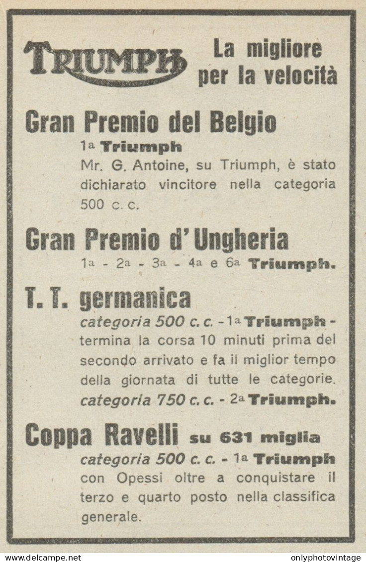 Moto TRIUMPH La Migliore Per Velocità - Pubblicità D'epoca - 1922 Old Ad - Pubblicitari