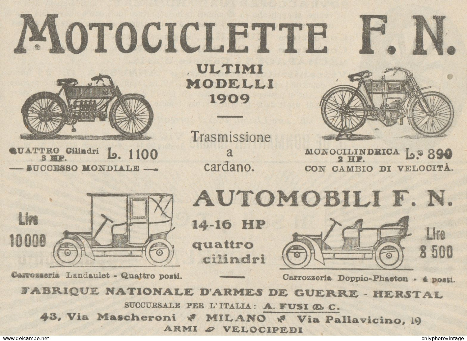 Motociclette & Automobili F.N. - Pubblicità D'epoca - 1909 Old Advertising - Pubblicitari