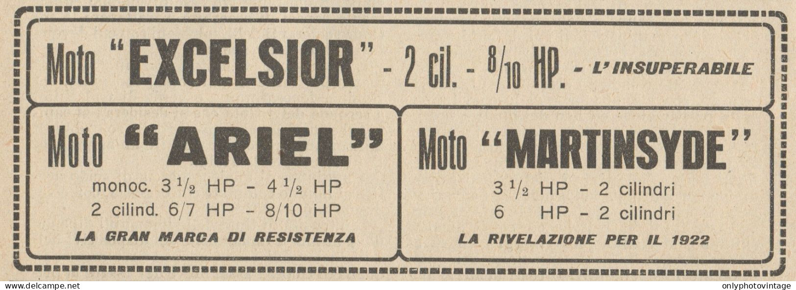 Moto EXCELSIOR, ARIEL & MARTINSYDE - Pubblicità D'epoca - 1922 Old Advert - Pubblicitari