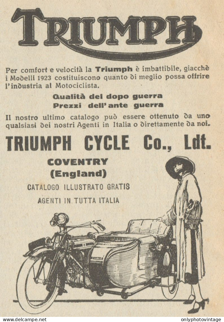 Moto Con Sidecar TRIUMPH - Pubblicità D'epoca - 1923 Old Advertising - Publicidad