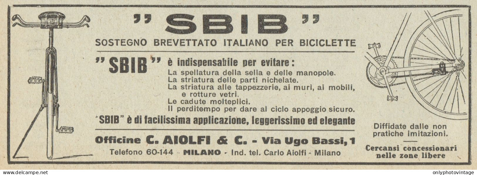 Sostegno Per Bici SBIB - Pubblicità D'epoca - 1922 Old Advertising - Pubblicitari