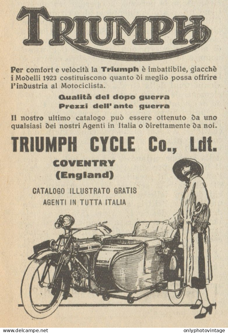 Moto Con Sidecar TRIUMPH - Pubblicità D'epoca - 1923 Old Advertising - Publicidad