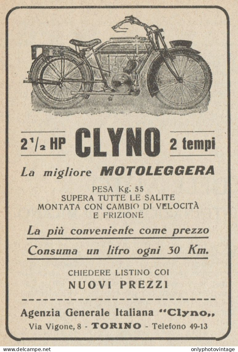 CLYNO La Migliore Motoleggera - Pubblicità D'epoca - 1923 Old Advertising - Publicités