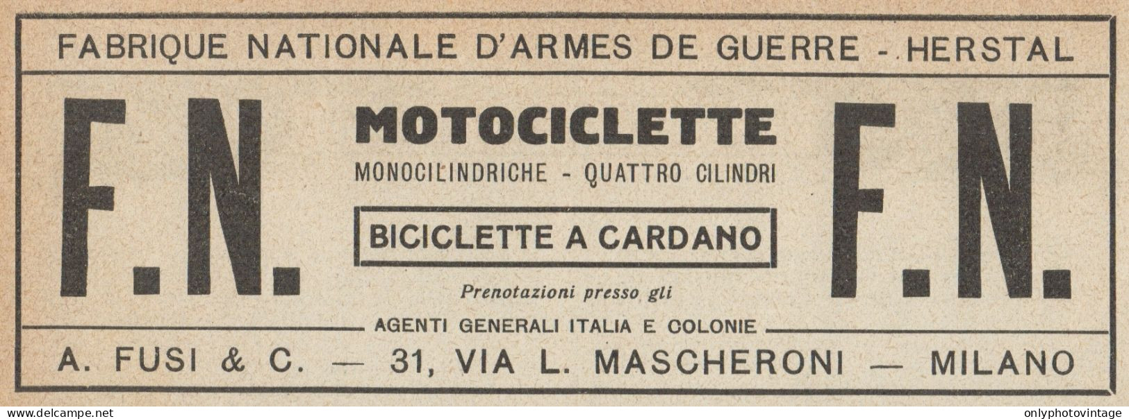 Motociclette F.N. Monocilindriche - Pubblicità D'epoca - 1921 Old Advert - Pubblicitari