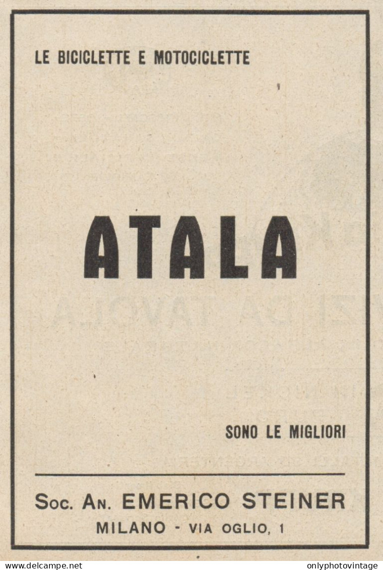 Biciclette E Motociclette ATALA - Pubblicità D'epoca - 1929 Old Advert - Pubblicitari