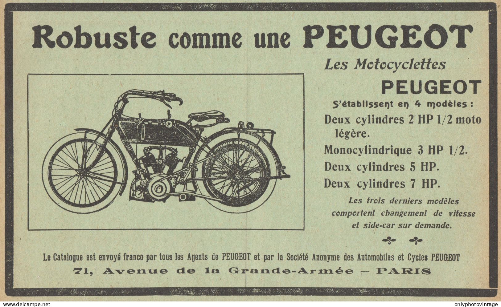 Motocyclettes PEUGEOT - Pubblicità D'epoca - 1913 Old Advertising - Publicidad