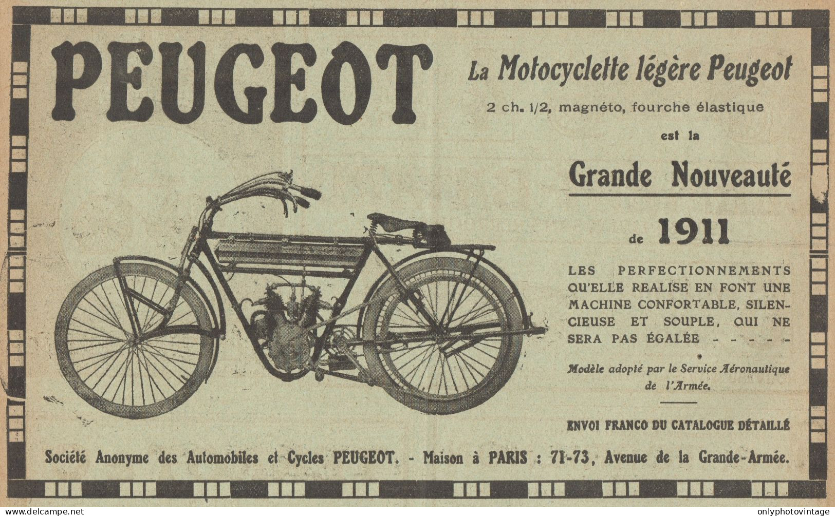 Motocyclette Légère PEUGEOT - Pubblicità D'epoca - 1911 Old Advertising - Publicidad
