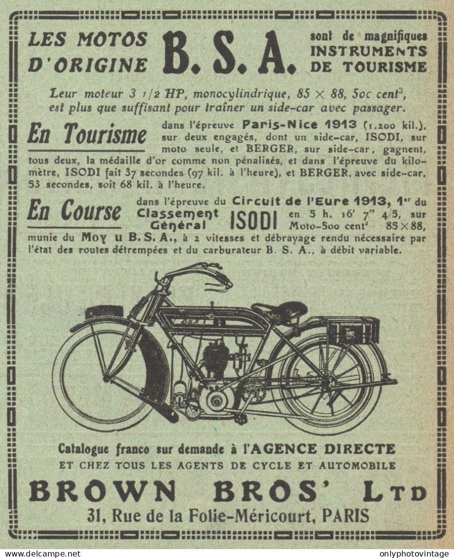 Motos B.S.A. - Brown Bros LTD - Pubblicità D'epoca - 1913 Old Advertising - Publicidad
