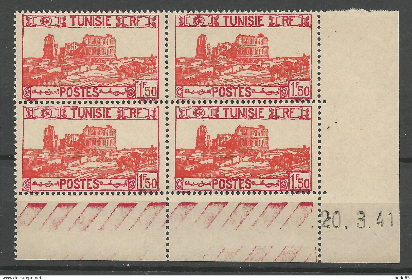 TUNISIE N° 216 Bloc De 4 Coin Daté 20 / 3 / 41 NEUF** LUXE SANS CHARNIERE NI TRACE / Hingeless  / MNH - Unused Stamps