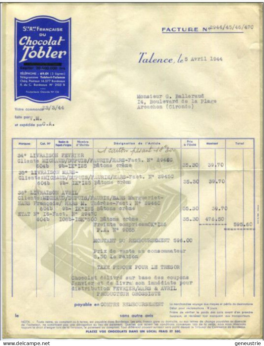 Facture "Chocolat Tobler" à Talence-Bordeaux - Années 40 - 33 Gironde - 1900 – 1949
