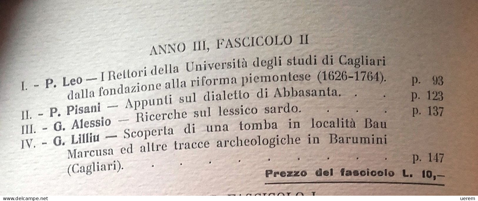 1938 SARDEGNA STORIA LINGUISTICA ARCHEOLOGIA LEO – PISANI P. – ALESSIO – LILLIU - Livres Anciens