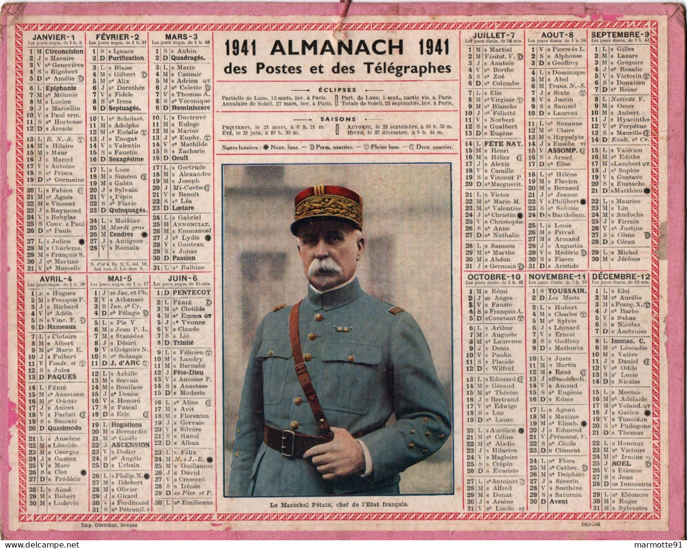 ALMANACH 1941 CALENDRIER MARECHAL PETAIN - 1939-45