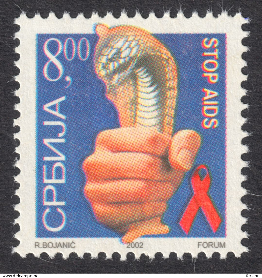 Cobra Snake Hand - 2002 - Serbia - STOP  AIDS + SIDA - MNH - Charity Additional Stamp - Vignette - Label - Maladies