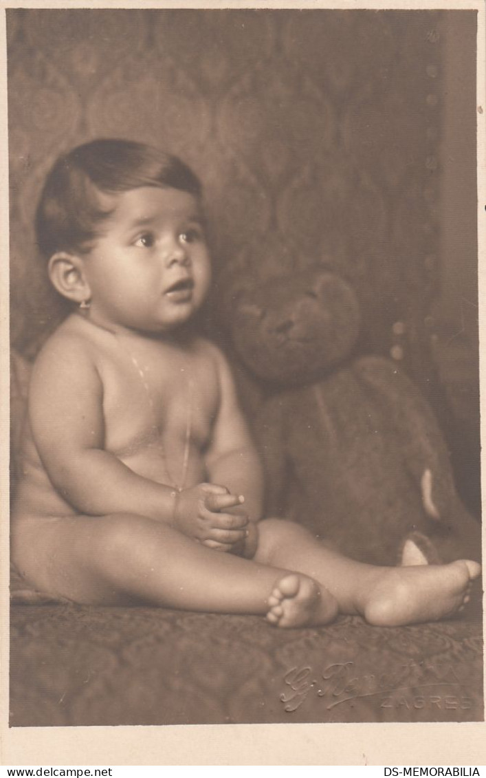 Baby W Teddy Bear Toy Real Photo Postcard 1927 - Juegos Y Juguetes