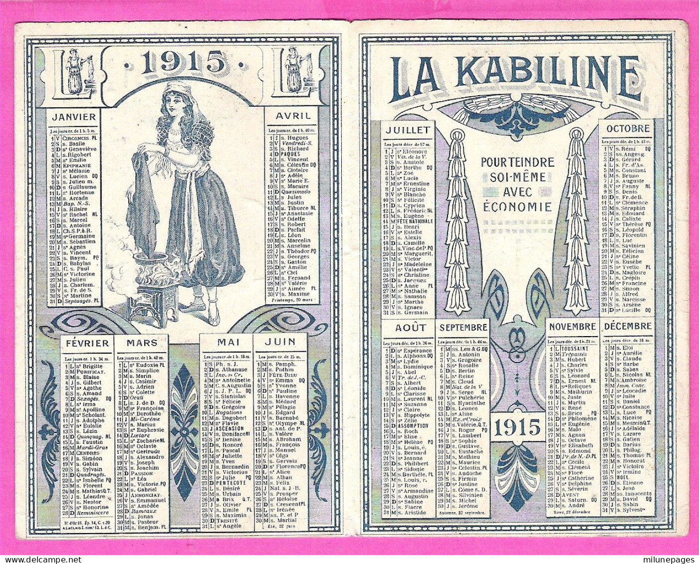 Calendrier 1915 2 Volets Teinture La Kabiline - Tamaño Pequeño : 1901-20