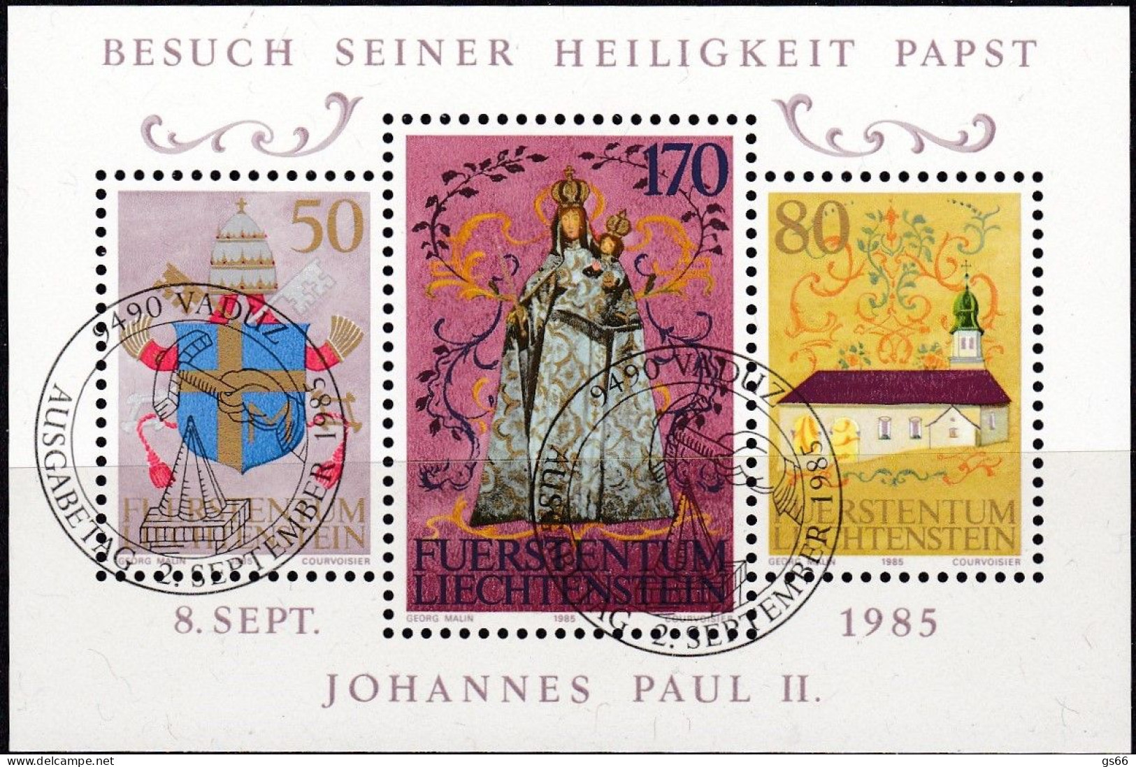Liechtenstein, 1985, 878/80 Block 12, Used Oo,   Besuch Von Papst Johannes Paul II. In Liechtenstein. - Blocs & Feuillets