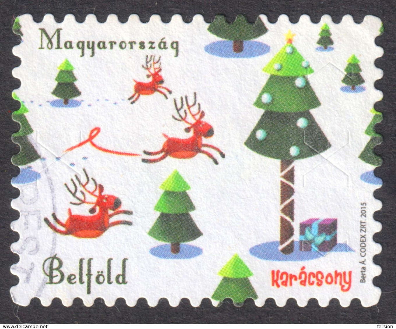 Christmas / Self Adhesive / Reindeer Gift / 2015 Hungary - Used - BUDAPEST Postmark - Usado