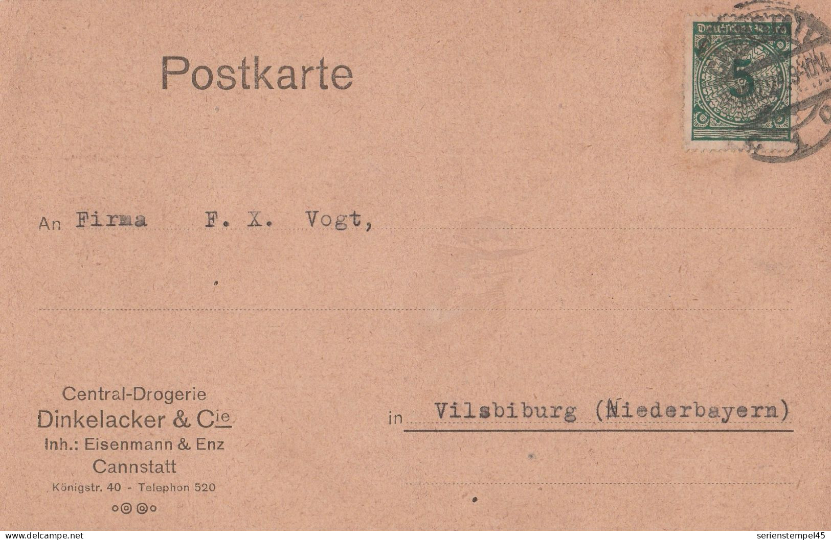 Deutsches Reich Firmen Karte Cannstatt 1924 Central Drogerie Dinelacker & Co Stuttgart Nach Vilsbiburg - Briefe U. Dokumente