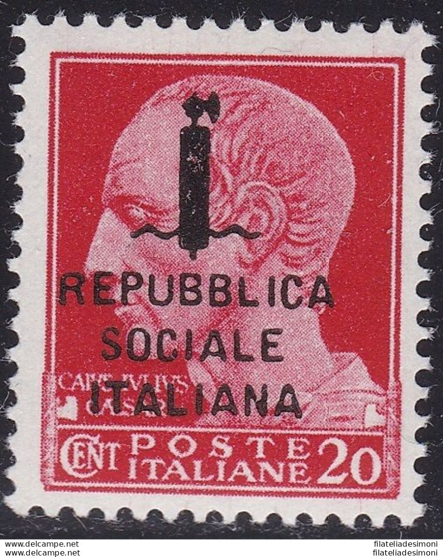 1944 RSI, N. 495/A 20c. Carminio MNH/** Firmato A.Diena - Oliva - Chiavarello - Andere & Zonder Classificatie