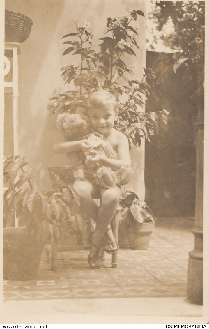 Boy Posing W Teddy Bear Toy Real Photo Postcard 1920s - Giochi, Giocattoli