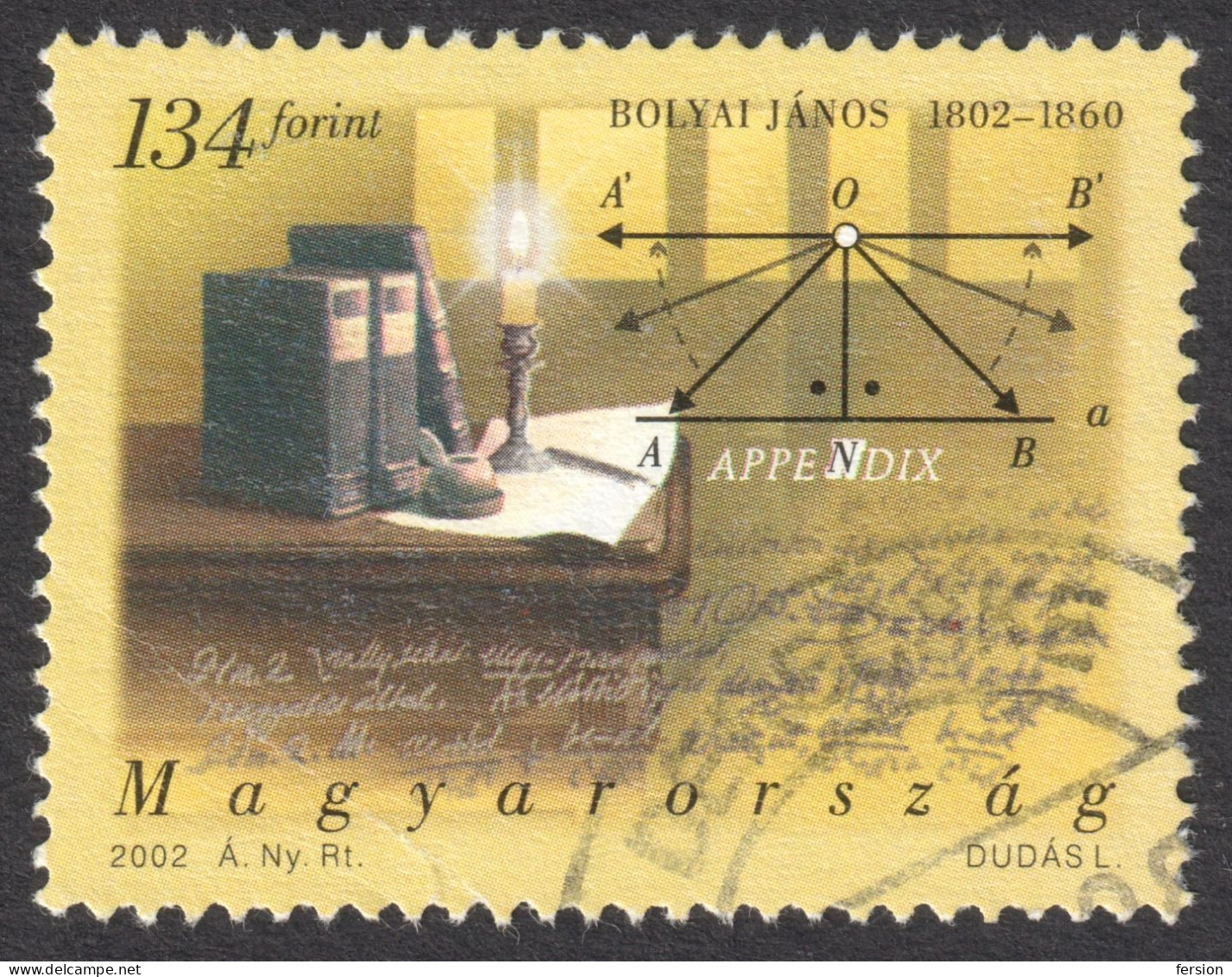 Janos Bolyai - Hungarian Mathematician / Mathematics - Hungary 2002 - Used / Candle Book Ink Pen - Postmark DERECSKE - Gebruikt