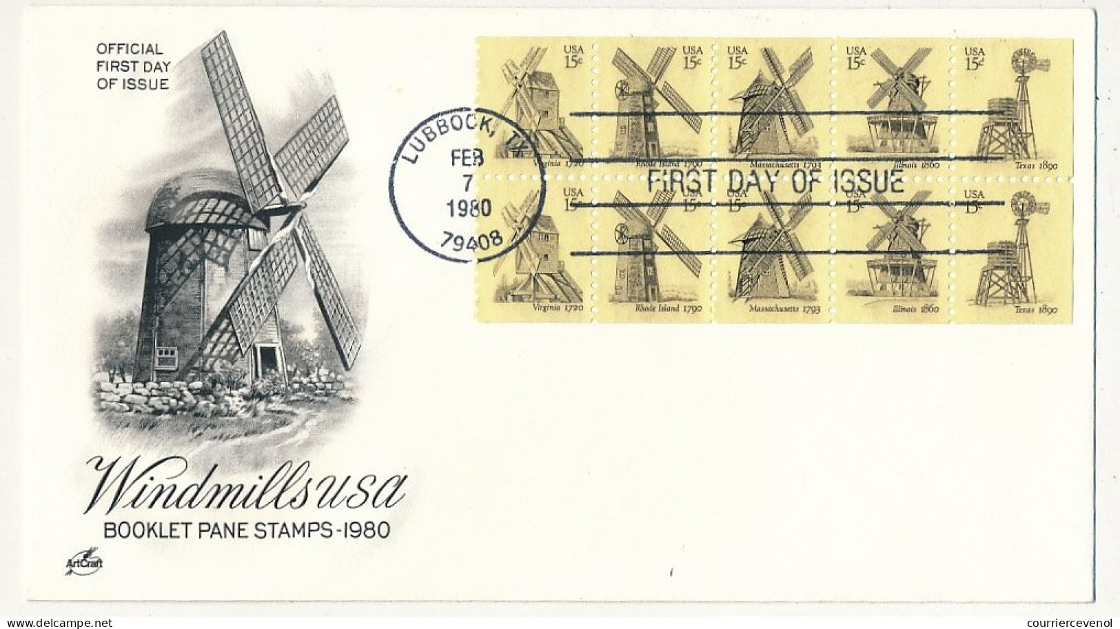 Etats Unis => Enveloppe FDC => Moulins à Vent (Carnet 10X15c) -  Premier Jour - Lubbock,Tx - 7 Février 1980 - 1971-1980