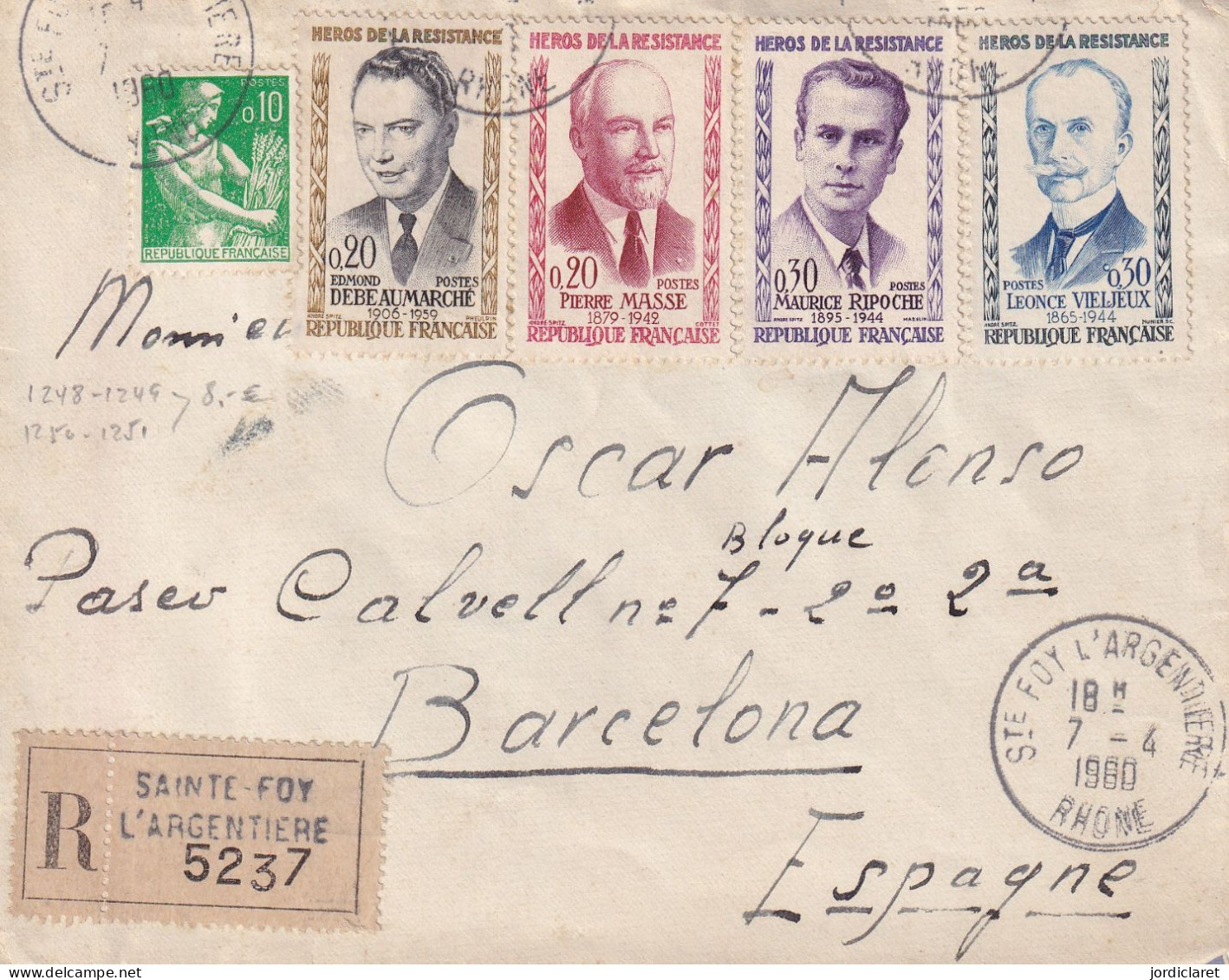 LETTRE 1960  RECOMANDEE  SAINTE-FOY L ARGENTIERE - Briefe U. Dokumente
