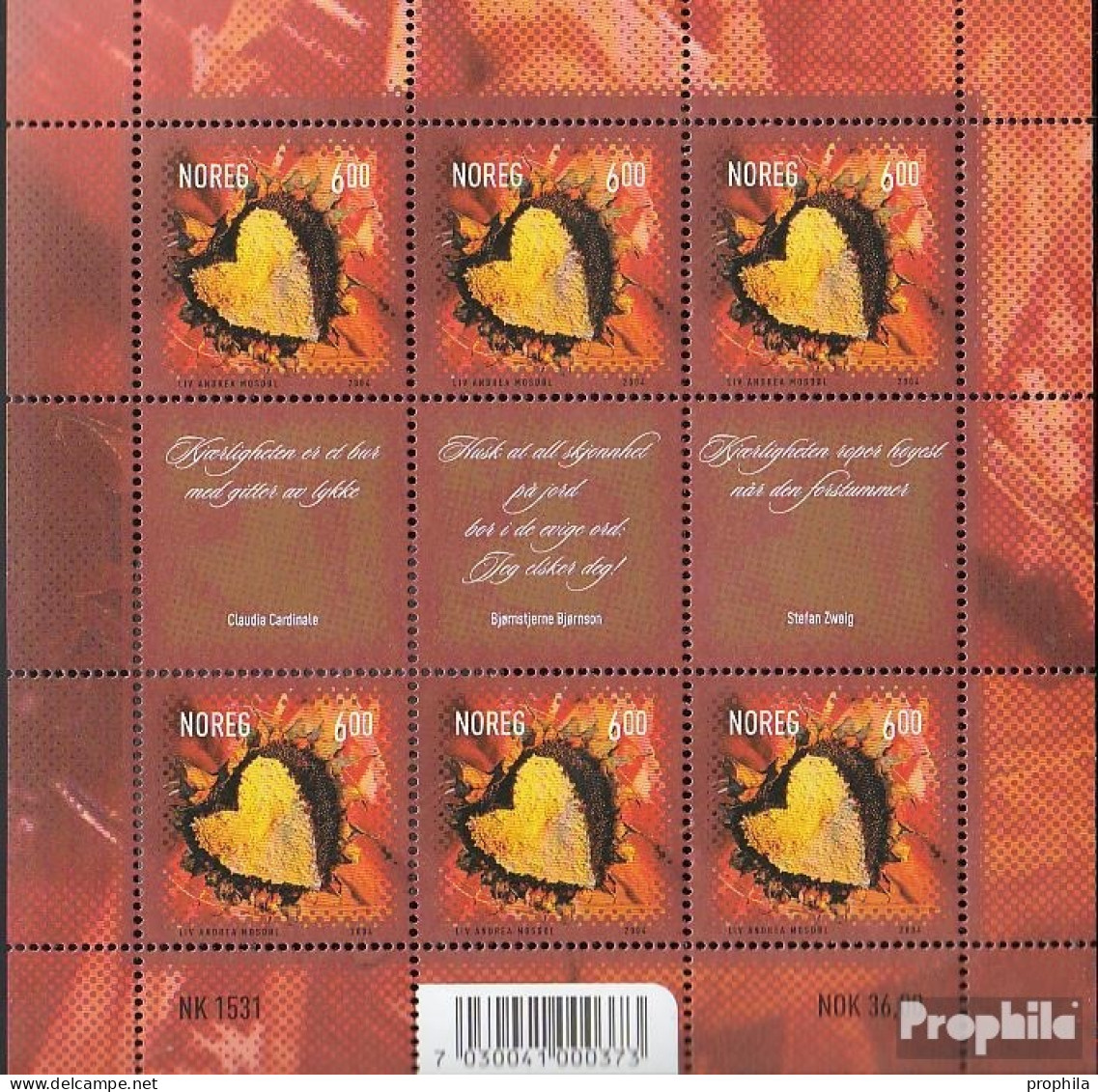 Norwegen 1496 Kleinbogen (kompl.Ausg.) Postfrisch 2004 Valentinstag - Blocks & Sheetlets