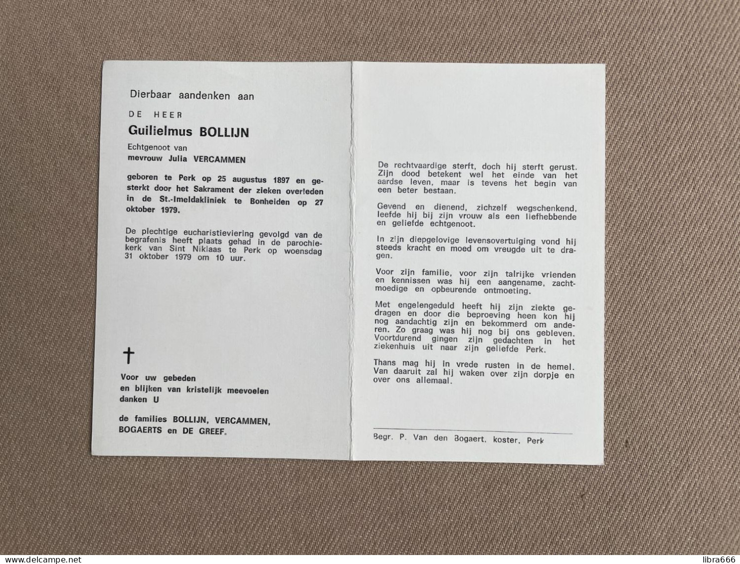 BOLLIJN Guilielmus °PERK 1897 +BONHEIDEN 1979 - VERCAMMEN - BOGAERTS - DE GREEF - Décès