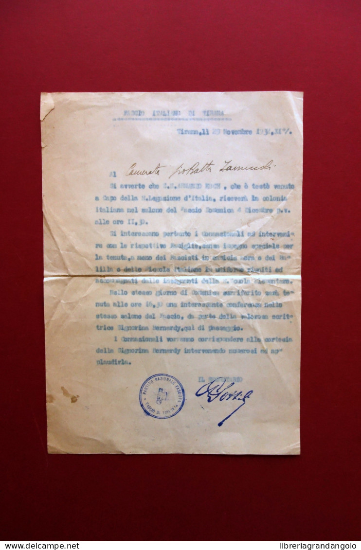 PNF Fascio Di Tirana Albania Lettera Invito Per 2 Conferenze Timbro Firma 1932 - Non Classificati