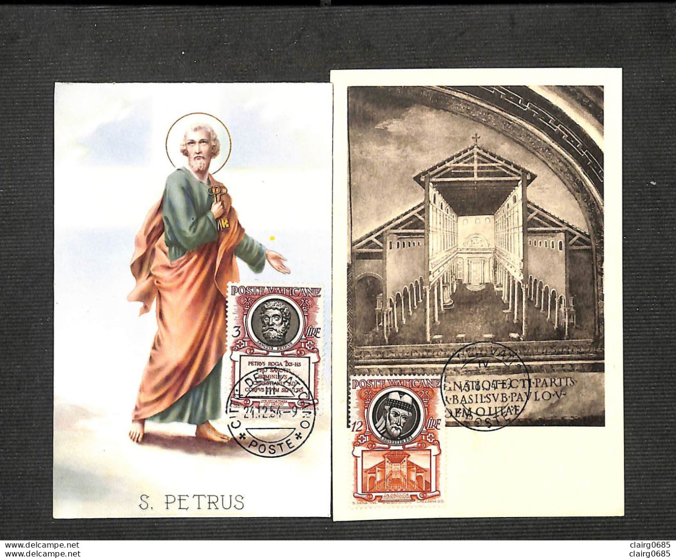 VATICAN - POSTE VATICANE - 2 Cartes MAXIMUM 1954 - S. PETRUS - Basilique Vaticane Intérieur - Cartoline Maximum