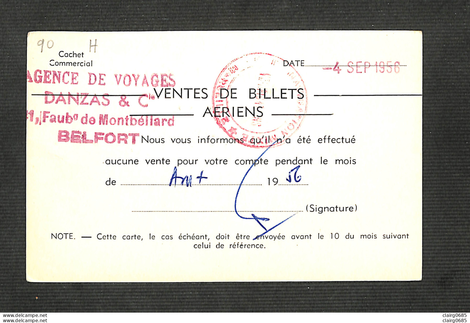 VENTES DE BILLETS AERIENS - COMPAGNIE DE NAVIGATION MIXTE MARSEILLE - Agence Voyages DANZAS - Belfort - 1956 - Otros & Sin Clasificación