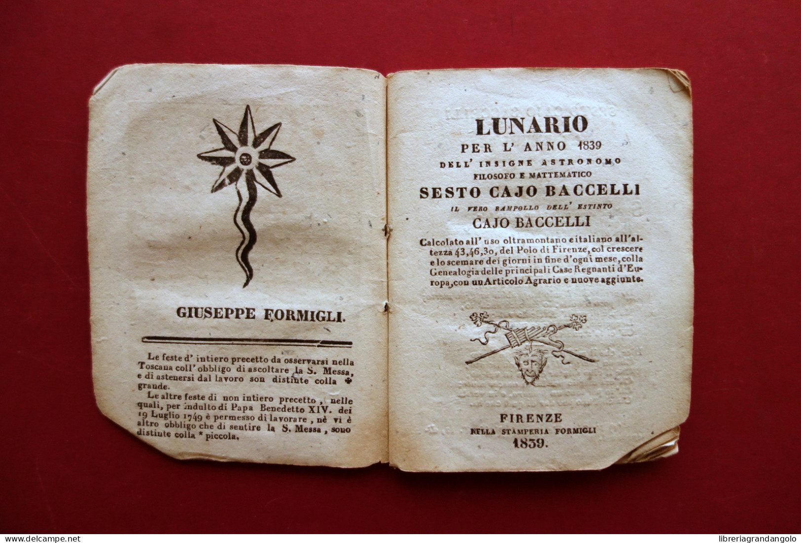 Lunario Per L'Anno 1839 Astronomo Sesto Caio Baccelli Formigli Firenze - Zonder Classificatie