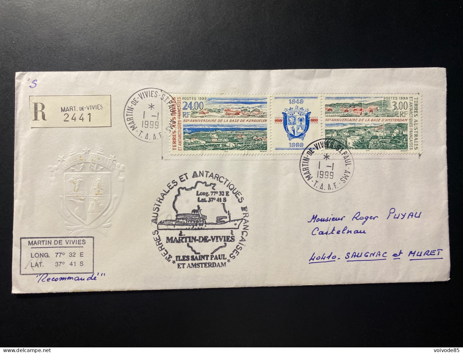 Lettre "50e Anniversaire Des Bases Kerguelen Et Amsterdam" - 01/01/1999 - 246 - 247 - 247A - TAAF - Saint Paul - Covers & Documents