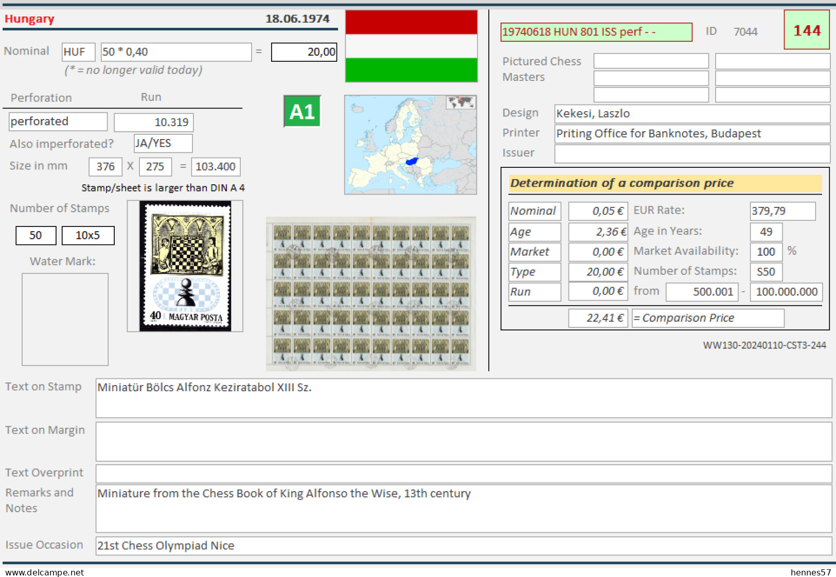 Chess/Schach Hungary/Ungarn Complete Issue Sheet/Kompletter Ausgabebogen 18.06.1974 Mi No. 2957 - Chess