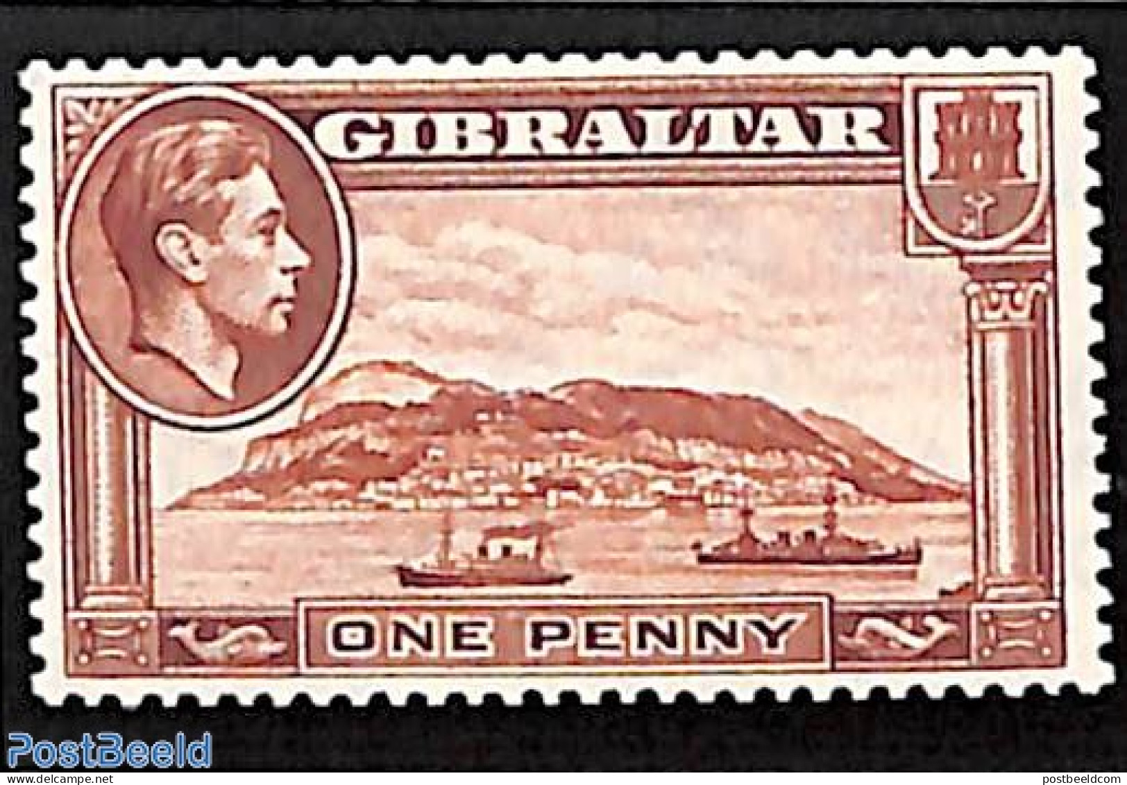 Gibraltar 1938 1p, Perf. 13.5, WM Sidewards, Stamp Out Of Set, Unused (hinged), Transport - Ships And Boats - Ships