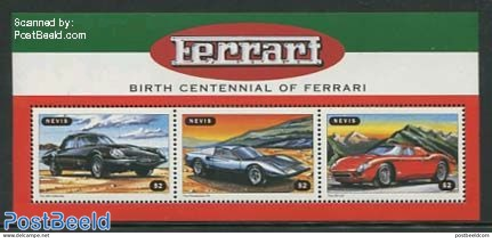 Nevis 1998 Enzo Ferrari 3v M/s, Mint NH, Transport - Automobiles - Ferrari - Automobili