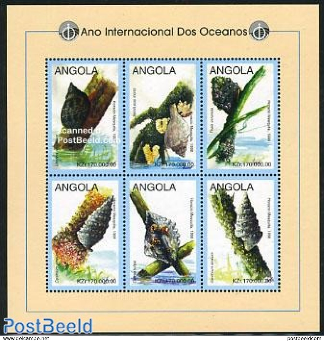 Angola 1998 Int. Ocean Year 6v M/s (6x170000), Mint NH, Nature - Fish - Shells & Crustaceans - Fische