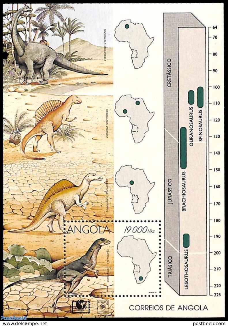 Angola 1994 Prehistoric Animals S/s, Mint NH, Nature - Various - Prehistoric Animals - Maps - Prehistóricos