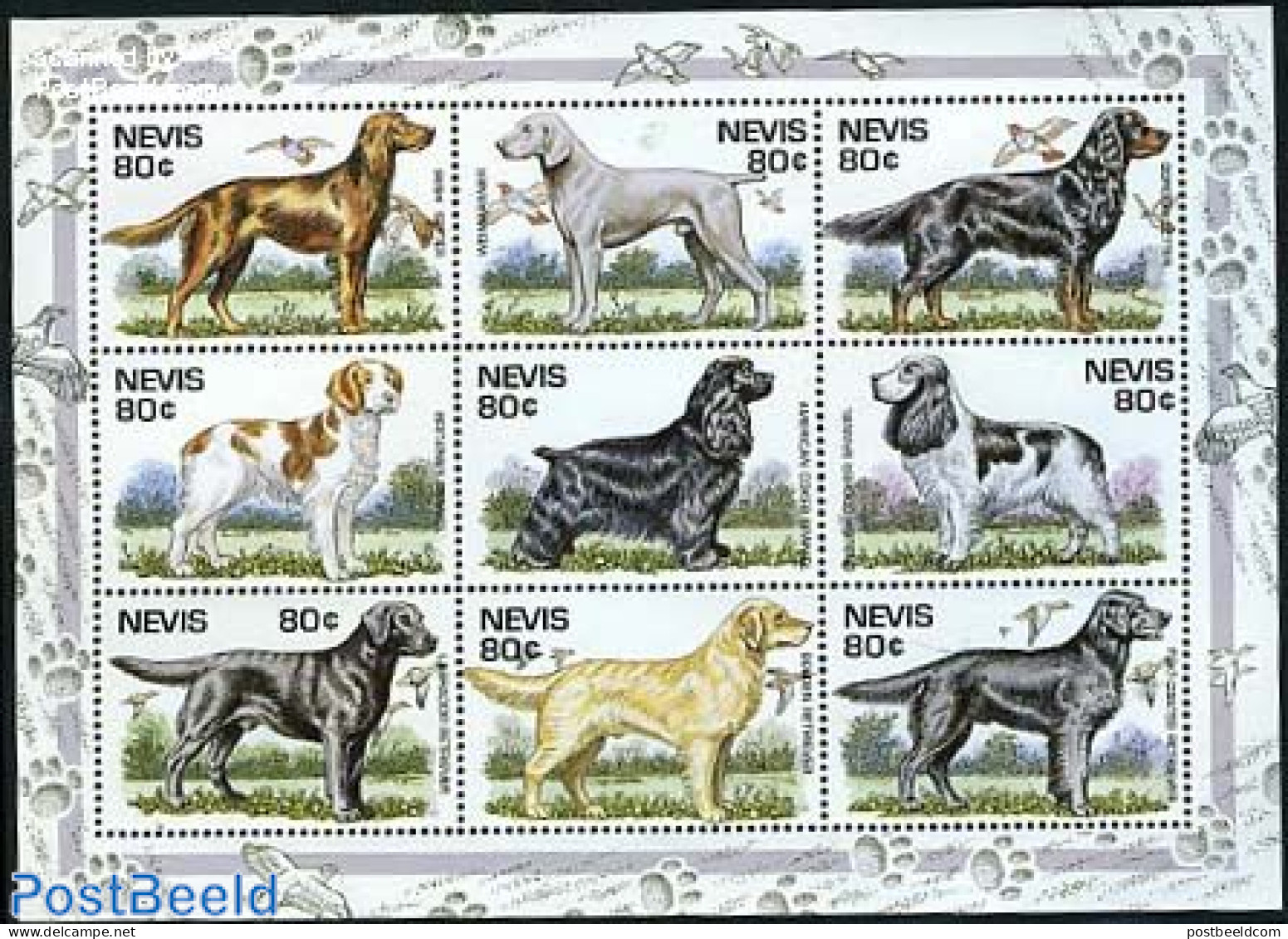 Nevis 1995 Dogs 9v M/s, Mint NH, Nature - Dogs - St.Kitts Und Nevis ( 1983-...)