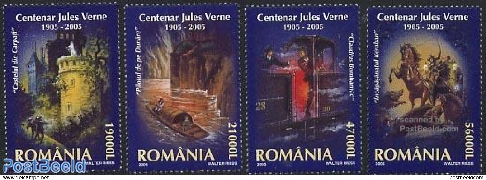 Romania 2005 Jules Verne 4v, Mint NH, Nature - Transport - Horses - Railways - Ships And Boats - Art - Authors - Castl.. - Unused Stamps