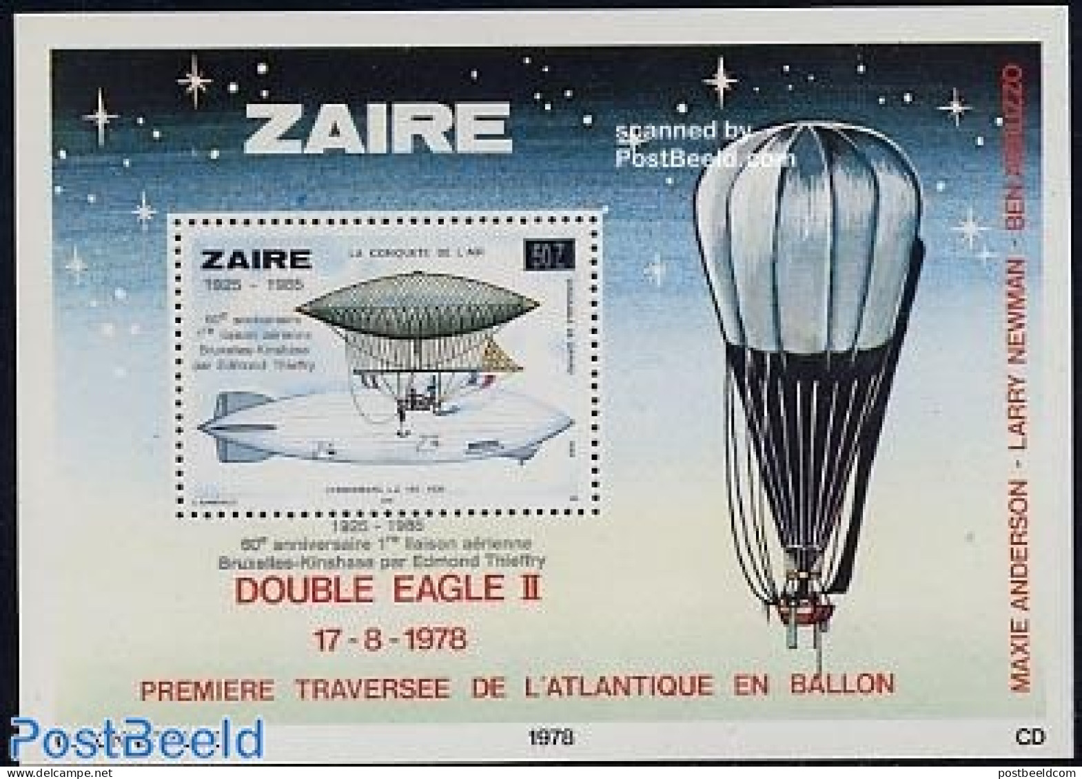Congo Dem. Republic, (zaire) 1985 First Flight S/s, Mint NH, Transport - Balloons - Zeppelins - Fesselballons