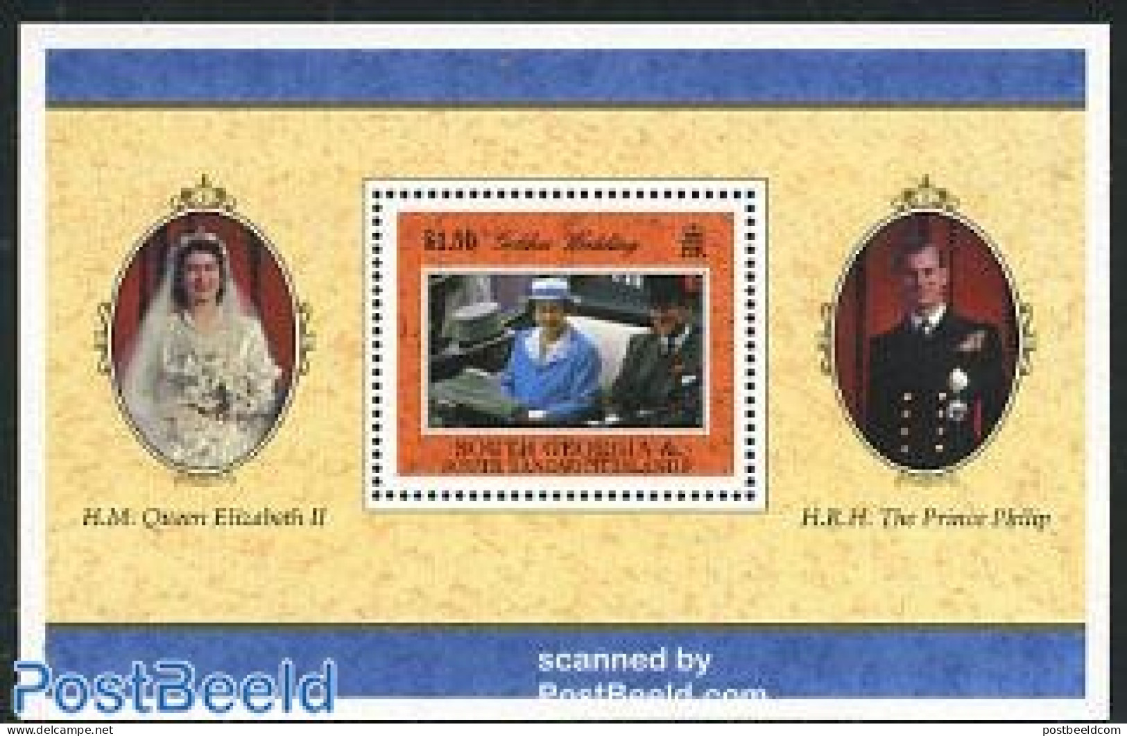 South Georgia / Falklands Dep. 1997 Golden Wedding S/s, Mint NH, History - Transport - Kings & Queens (Royalty) - Coac.. - Familias Reales