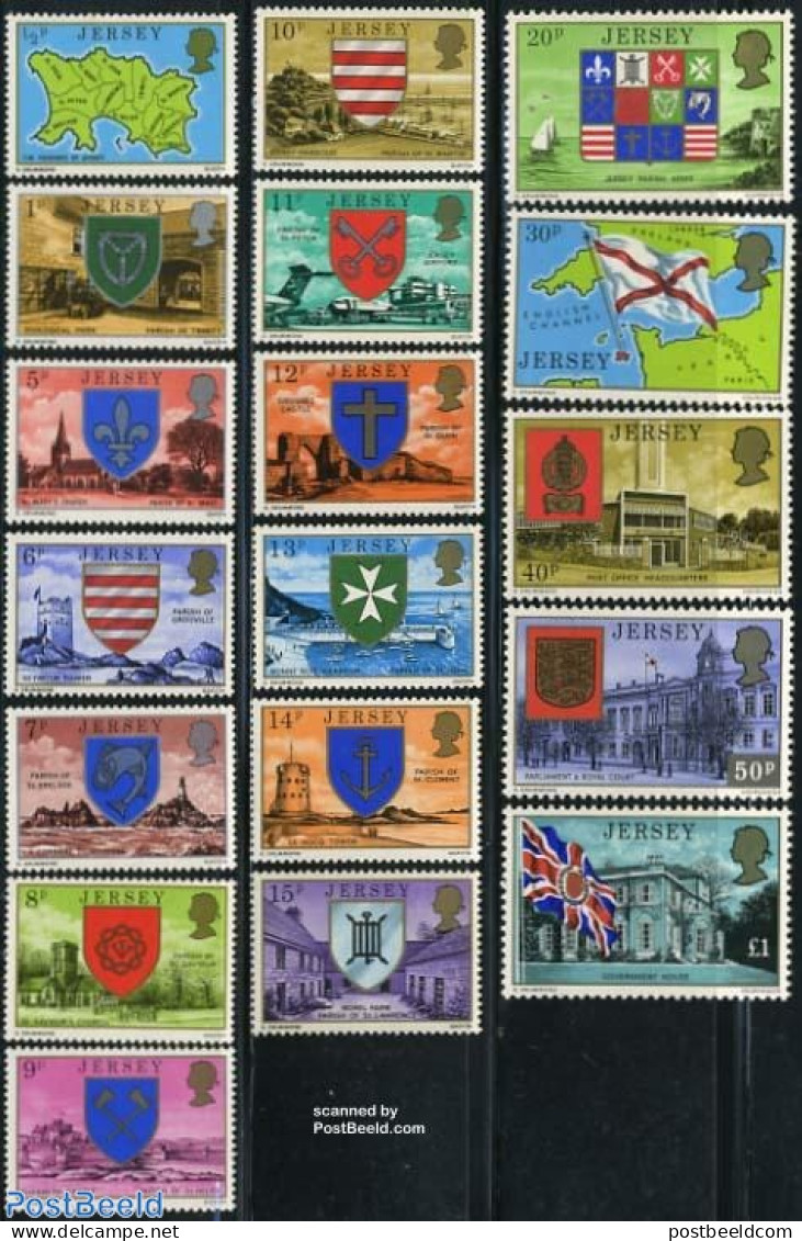 Jersey 1976 Definitives 18v, Mint NH, History - Religion - Transport - Various - Coat Of Arms - Flags - Churches, Temp.. - Churches & Cathedrals