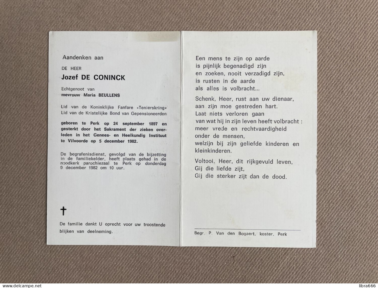 DE CONINCK Jozef °PERK 1897 +VILVOORDE 1982 - BEULLENS - Overlijden