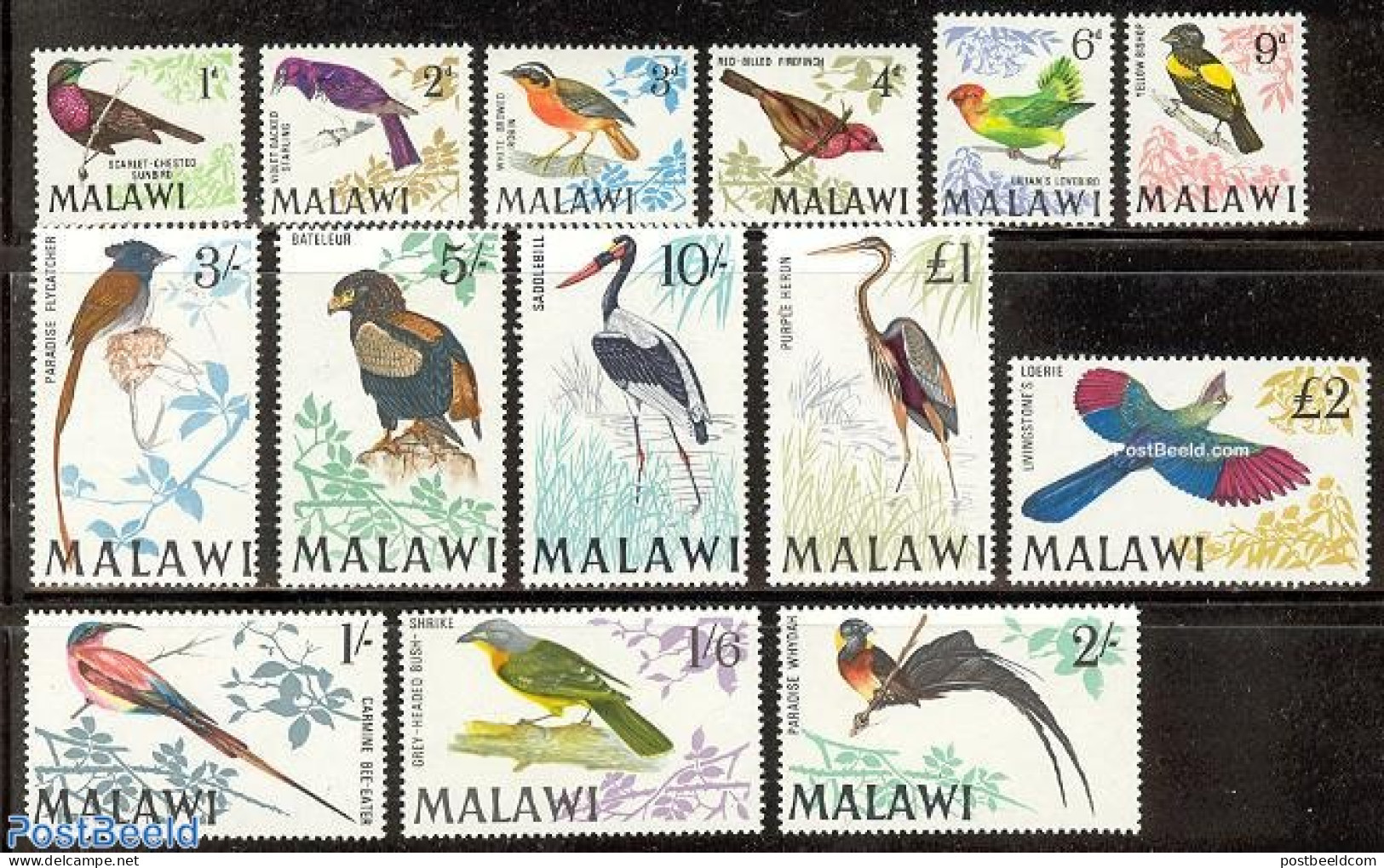 Malawi 1968 Definitives, Birds 14v, Mint NH, Nature - Birds - Malawi (1964-...)
