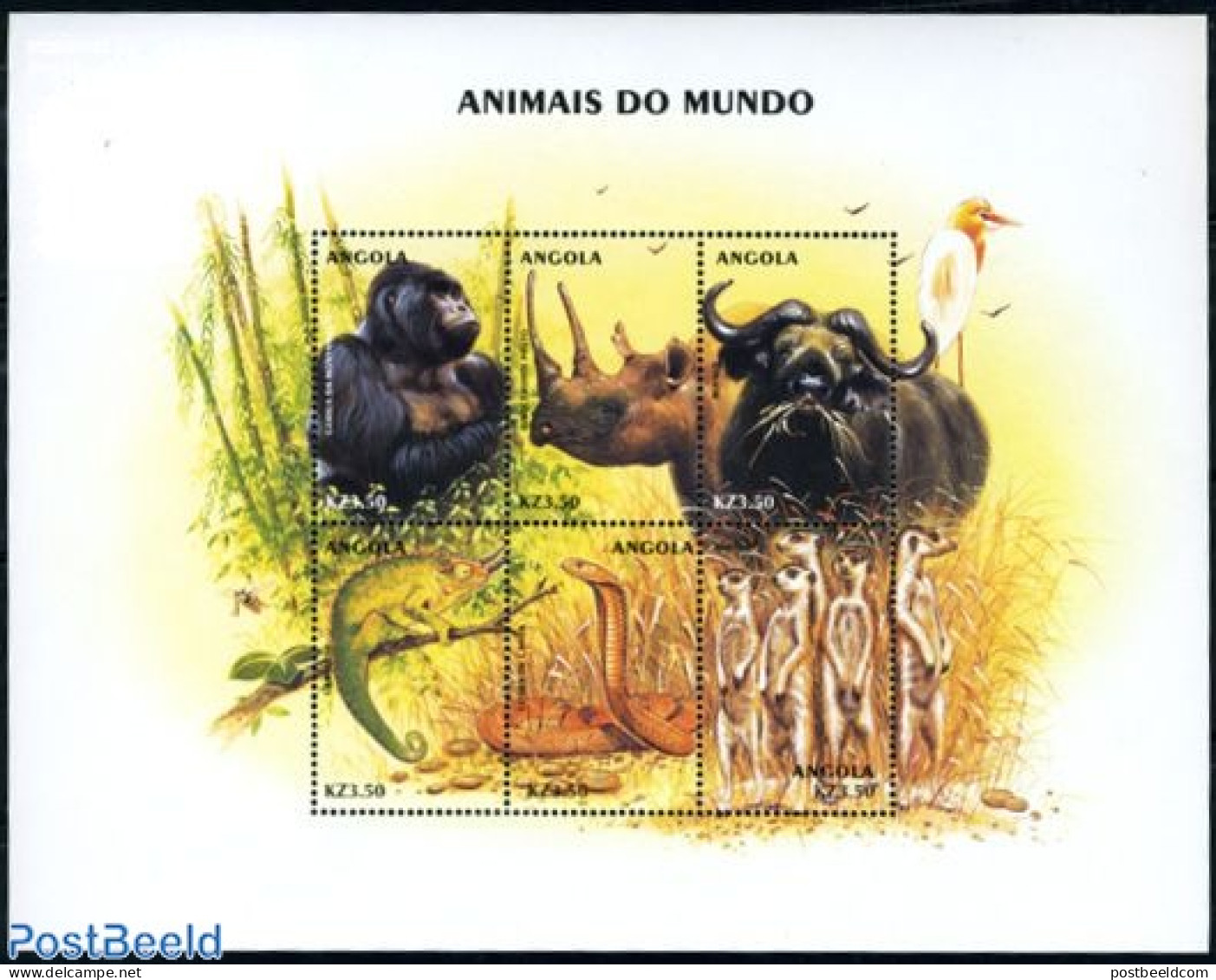 Angola 2000 Animals 6v M/s, Gorilla, Mint NH, Nature - Animals (others & Mixed) - Monkeys - Rhinoceros - Snakes - Angola